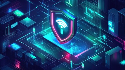 Leinwandbilder - Shield with wifi on tech background.