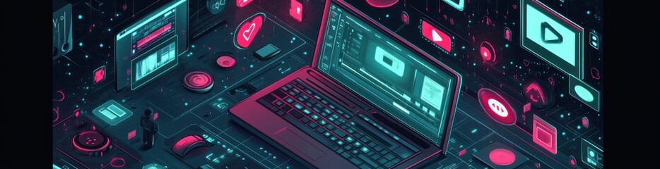 Aufkleber - Abstract laptop surrounded by neon icons, isometric view.