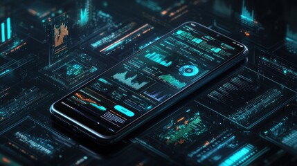 Fototapete - Phone displaying data charts with holographic effect.