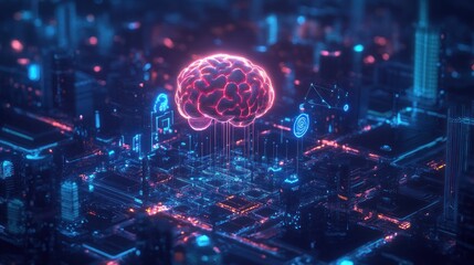 Leinwandbilder - Glowing brain over circuit board with city background.