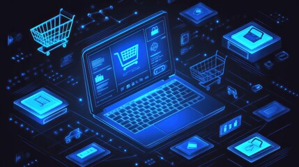 Aufkleber - Online shopping conceptual illustration, glowing blue network.