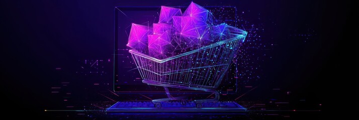 Aufkleber - Digital shopping cart with packages emerging from a laptop screen.