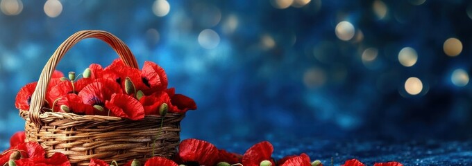 Aufkleber - Poppies in basket on glittery blue background.