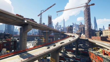 Aufkleber - Urban cityscape with overpass, cranes, and skyscrapers under blue sky.