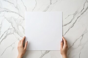 Poster - Hands holding blank white square paper on marble background.