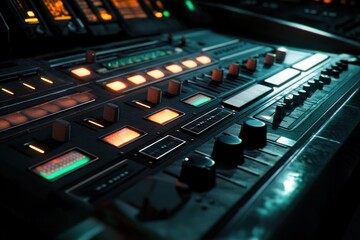 Fototapete - Closeup of an audio console with glowing buttons and sliders.