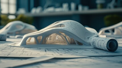 Aufkleber - Architectural model with blueprints on a table.
