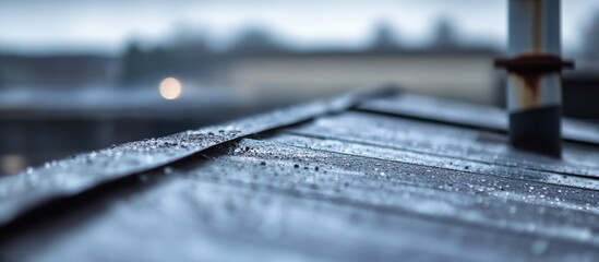 Poster - Rainy metal roof with droplets, blurred city.