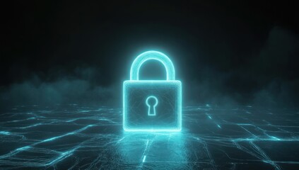 Poster - Glowing blue padlock icon on dark surface with smoky background.