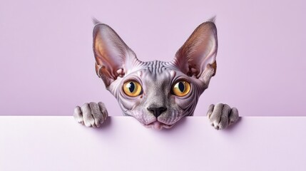 Wall Mural - Sphynx cat peeking over a blank pastel wall.