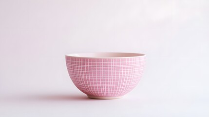 Pastel pink and white grid pattern on a ceramic bowl isolated on a pure white background, highlighting minimalist geometric elegance