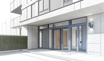 Poster - Modern building entrance with glass doors and hedge.