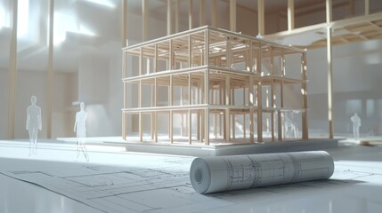 Aufkleber - Wooden structure model on blueprint, plan with ghosted people.