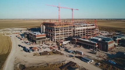 Aufkleber - Construction site, tall building, cranes, in rural location.