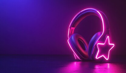 Poster - Neon pink headphones and a star glowing against purple background.
