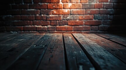 Aufkleber - Rustic wood floor with blurred brick wall backdrop.