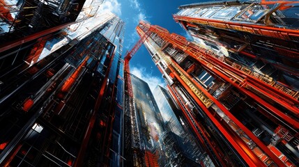 Aufkleber - Skyscrapers reach for sky with cranes in a modern city.