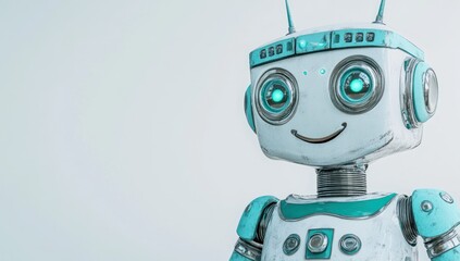 Poster - Smiling white and blue robot with glowing eyes on a plain background.