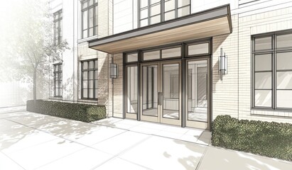 Poster - Sketchy modern building entrance with glass doors and wooden canopy.