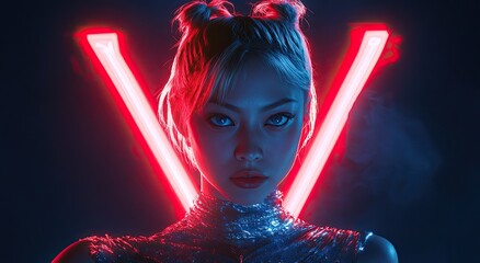 Wall Mural - a young woman with blonde hair in space buns, wearing a blue and silver dress, standing under a neon light triangle on a dark background.