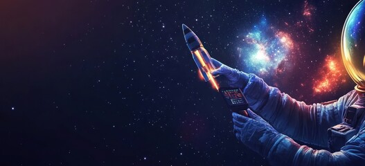 Poster - Astronaut holding rocket with galaxy in background.