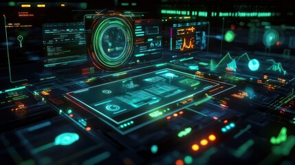 Aufkleber - Futuristic control panel with vibrant display screens.