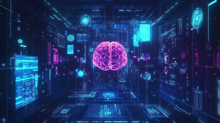 Fototapete - Brain, digital, floating, interface, data, light, neon.