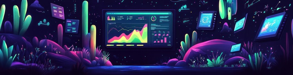 Fototapete - Neon charts monitor dark abstract space with glowing plants.