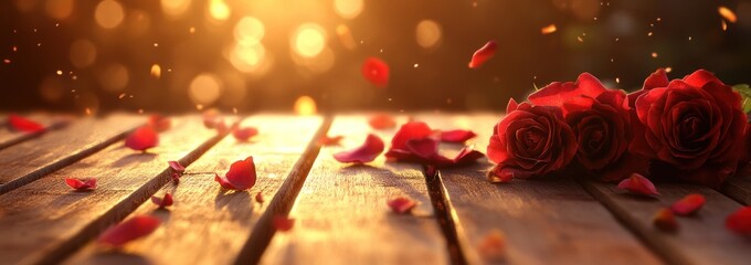 Aufkleber - Red roses & petals on wood with bokeh.