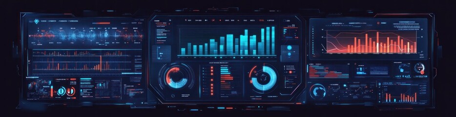 Fototapete - Futuristic dashboard with blue-red data graphs.