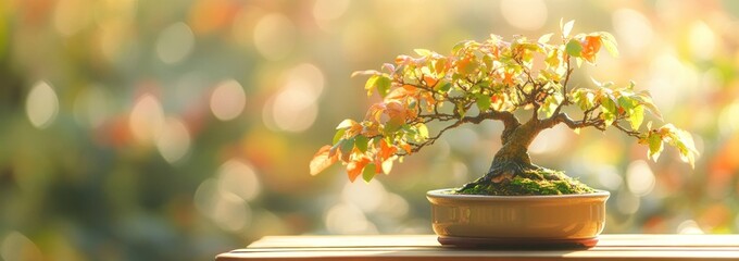 Aufkleber - Bonsai tree in pot on table, sunlit.