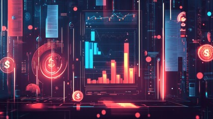Fototapete - Abstract digital display of graphs, data, and coin icons.