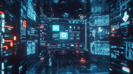 Fototapete - Futuristic digital interface with glowing panels.