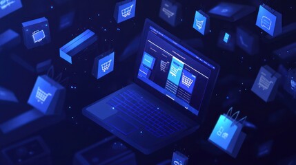Aufkleber - Online shopping with laptop and floating shopping bags icons.