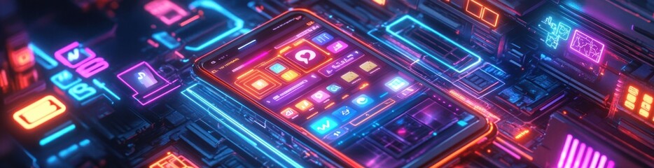 Aufkleber - Neon smartphone app icons interface on digital circuit board.