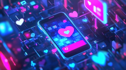 Aufkleber - Glowing phone with hearts, social media app interface, abstract tech backdrop.