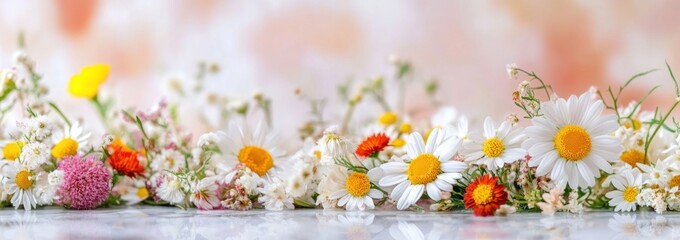 Aufkleber - Floral arrangement of daisies and other colorful flowers on a surface.