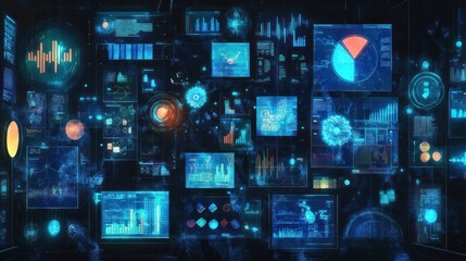 Fototapete - Digital screen displaying data charts and graphs on multiple panels.