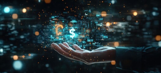 Fototapete - Hand holding currency symbols in digital space.