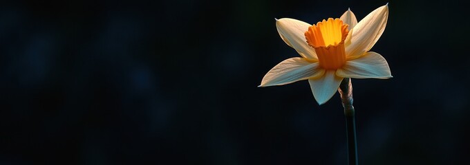 Aufkleber - Single yellow daffodil flower lit against dark background.