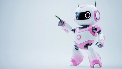 Fototapete - Pink and white robot pointing with one arm.