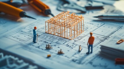 Poster - Miniature construction site with model house on architectural plan.