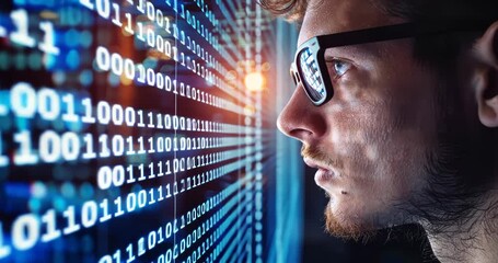 A young male IT specialist looks at a digital board with binary program code. Data analysis, matrix numbers and artificial intelligence technologies