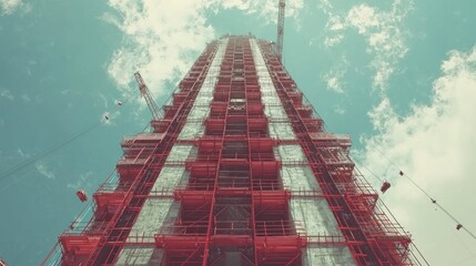 Aufkleber - Tall skyscraper under construction, view from below.