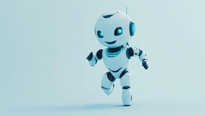 Aufkleber - White robot with blue eyes, running on light blue background.