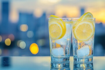 Poster - Two lemon water glasses with ice, city lights background.