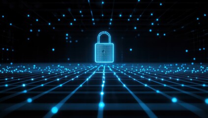 Poster - Glowing padlock amidst blue light network.