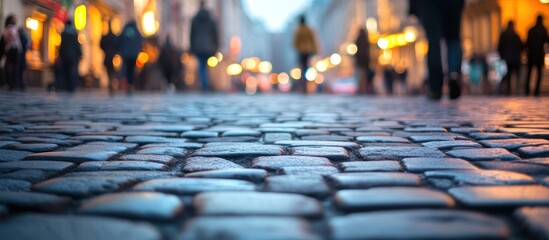 Poster - Cobblestone street with blurry people and lights.