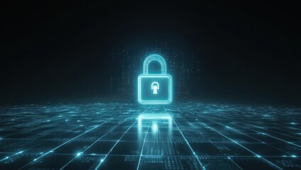 Leinwandbilder - Glowing blue padlock icon on digital floor.
