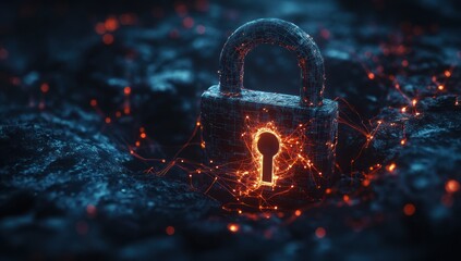 Poster - Glowing padlock on dark textured surface with red interconnected lines.
